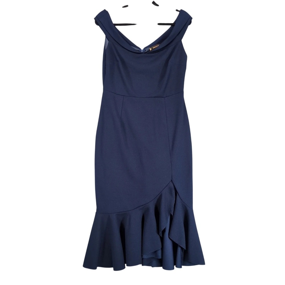 Miusol Navy Off Shoulder Midi Cocktail Dress Sz L Stretch Asymmetric Ruffle Hem